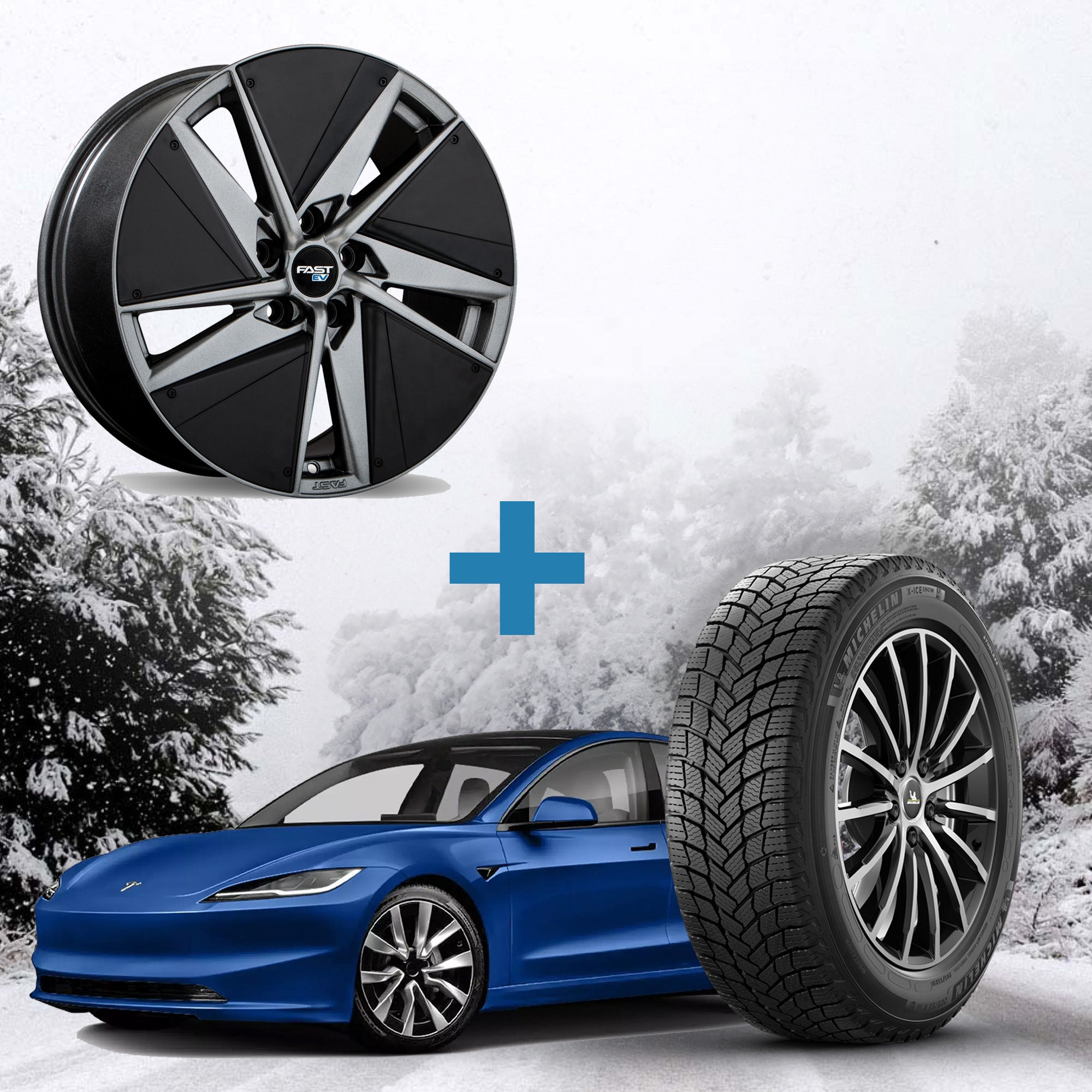 Tesla Model 3 Winter Package - Fast EV01(+) 18x8.5 Wheels + 235/45R18 EV Tires + Mounted & Balanced